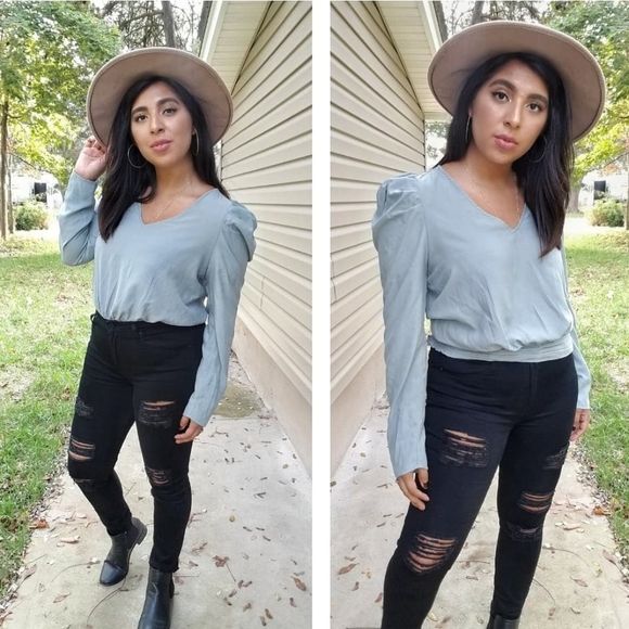 LE SAGE GREEN PUFF SLEEVE PLEATED TOP - Picture 1 of 16